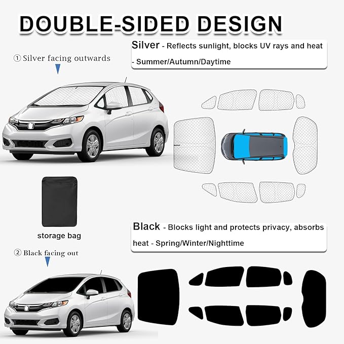 KMF 10pcs Thicken Sun Shades for Honda Fit 2015-2020 Accessories, Windshield Sunshade Full Car Window Covers for Side Rear, UV Block and Protecting Privacy Blackout for Camping
