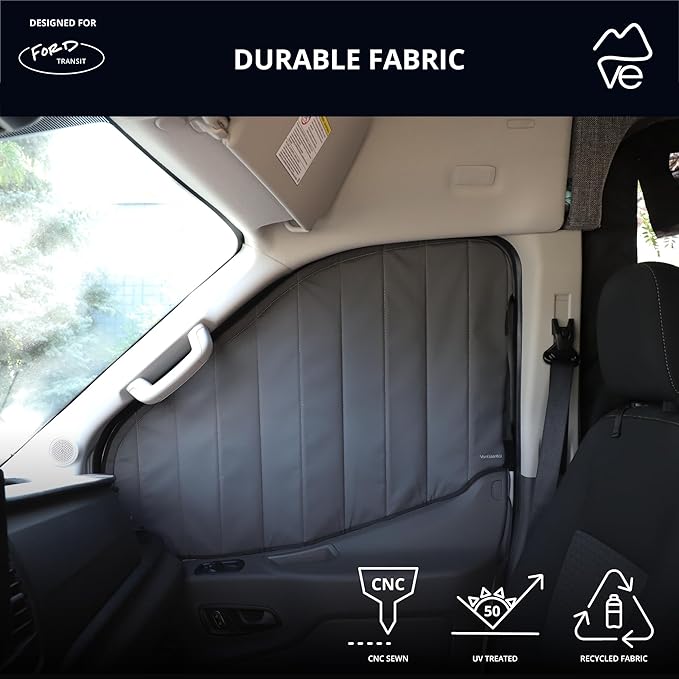VanEssential Insulated Reflective Blackout Window Covers Designed for Ford Transit High/Medium Roof Front Door Windows (Pair) - Charcoal Gray Reflective
