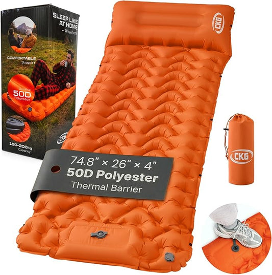 CKG Camping Sleeping Pad with Thermal Barrier, Ultralight Camping Mat 4in Thick with Pillow, Built-in Foot Pump Inflatable Sleeping Pad for Hiking Tent Road Trip Car Camp Travel Gear, Orange