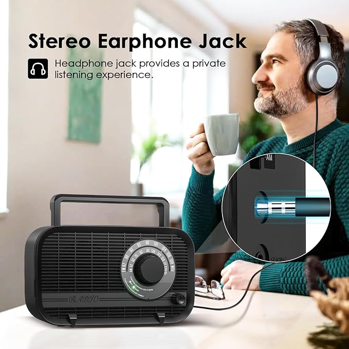 AM FM Portable Radio Plug in Wall or Battery Operated Radio with Best Reception,Bluetooth,Headphone Jack,Large Dial Easy to Use for Seniors Elderly Black