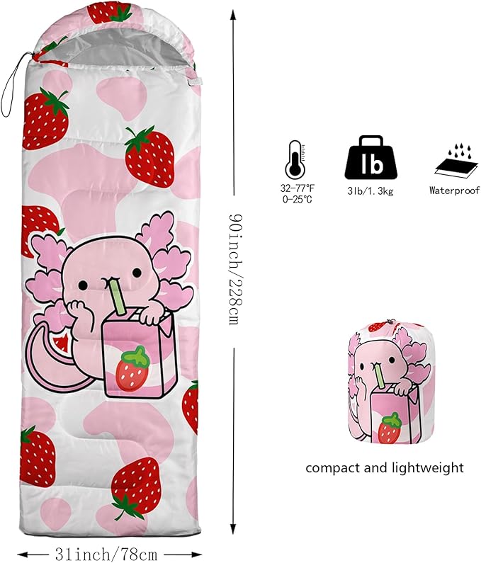 QOOMO Axolotl Cute Camping Sleeping Bags,3 Season Warm & Cool Weather,Lightweight,Waterproof Sleeping Bags for Adults & Kids,Traveling,and Outdoors