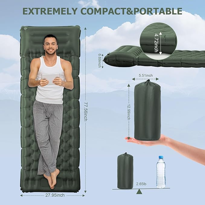 Toncoke Sleeping Pad, 4.7" Extra-Thick & Ultralight Inflatable Camping Mat with Pillow, Built-in Foot Pump, Compact for Backpacking, Camping, Hiking, Travel —Military Green