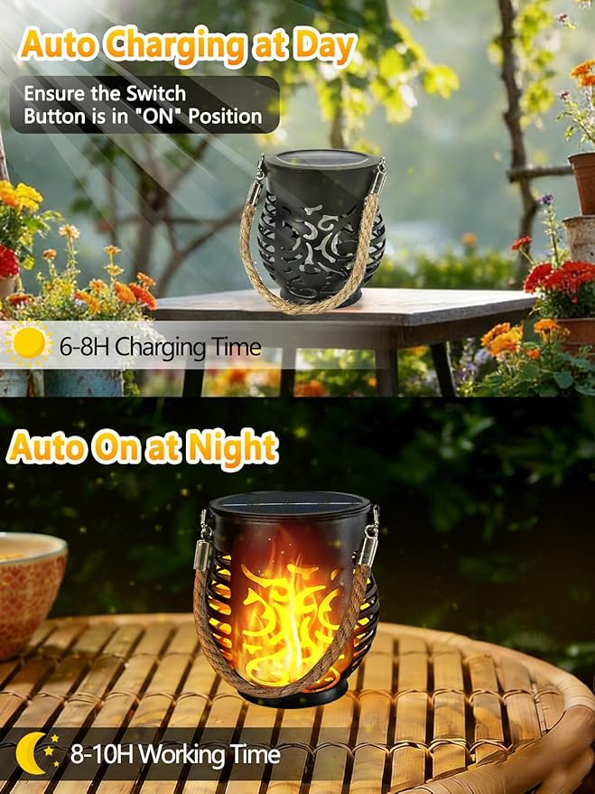 2 Pack Solar Lights Outdoor Waterproof, Solar Lantern with Realistic Flickering Flame, Auto On/Off Solar Powered Garden Light with Hemp Rope Handle for Outside Camp Tree Patio Porch Tabletop Decor