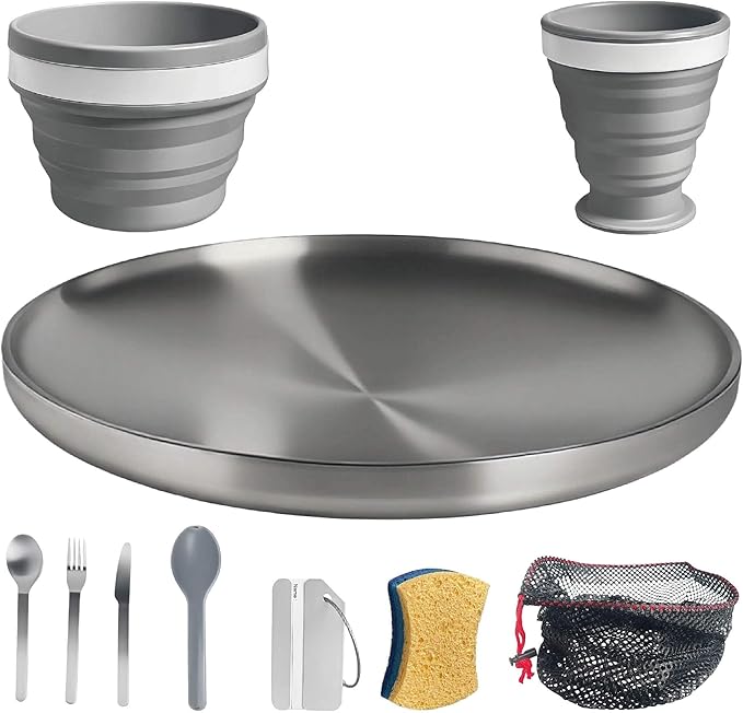 Camping Mess Kit – Compact 1-Person Tableware Set with Stainless Plate, Collapsible Silicone Bowl & Cup, and Utensils, Ideal for Solo Campers, Scouts, Family Camping & Car Trips