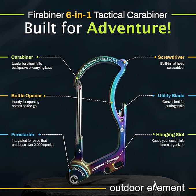 OUTDOOR ELEMENT Firebiner Custom Engraved 6-in-1 Fire Starter Carabiner Multitool – Survival Gear EDC Keychain with Utility Blade, Bottle Opener, Screwdriver, Emergency Tool