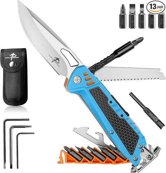 Purple Dragon Multitool,13-in-1 Pocket Knife with Sheath,Perfect for Camping, Hiking & Outdoor Use, Gift for Men Dad Husband– Blue