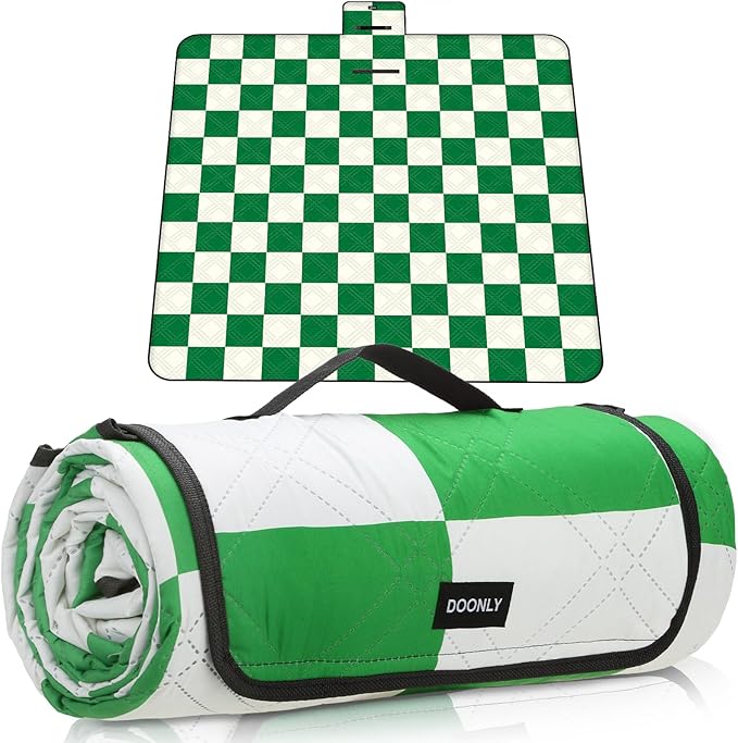 Doonly Picnic Blanket, 78" x 78" Large Waterproof Sandproof Beach Blanket, Foldable Outdoor Blanket Gingham Picnic Mat for Beach, Camping, Park, Grass, Lawn, Travel (Green)