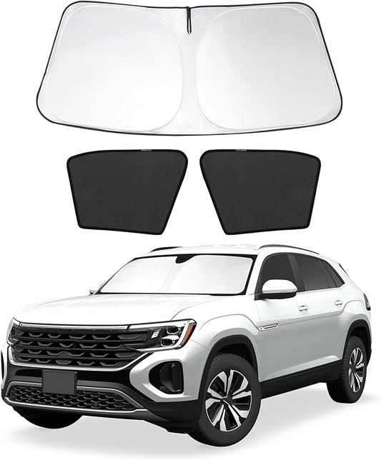 3PCS Car Window Shades Front Windshield Sun Shade Foldable Window Shade Custom Fit for Volkswagen Atlas VW Atlas Cross Sport 2018-2026 Shades Windows Anti-UV Rays Block Heat