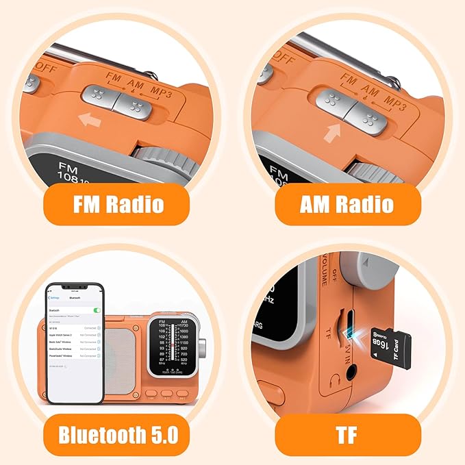 Goodes Portable Radio AM FM with Best Reception, Bluetooth Transistor Radios with TF Card Slot, LED Light and Headphone Jack, AC Power or Battery Operated, Emergency Radio for Home Kitchen Outdoor