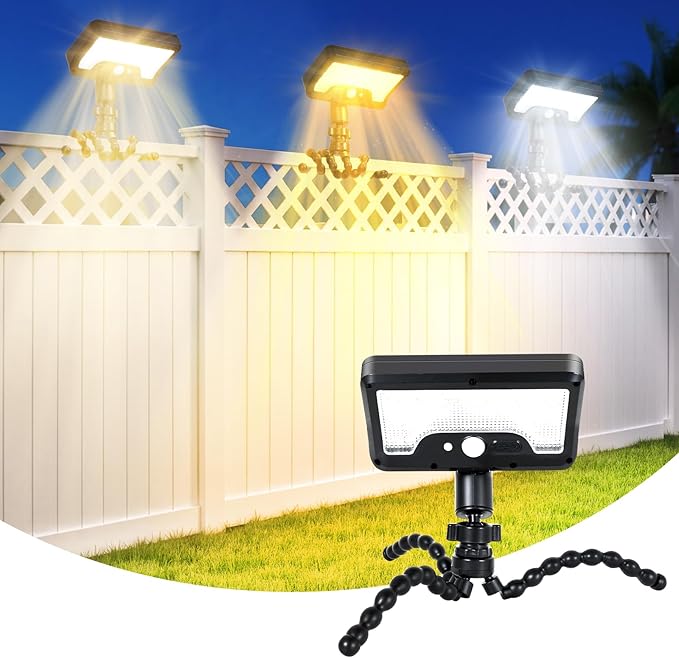 Clip On Solar Lights Outdoor, Motion Sensor Outdoor Lights, 92 LEDs 600LM Solar Fence Lights Outdoor Waterproof,Security Lights for Fence, Deck, Gutter (1, Black Octopus -3000K/5000K/6000K)