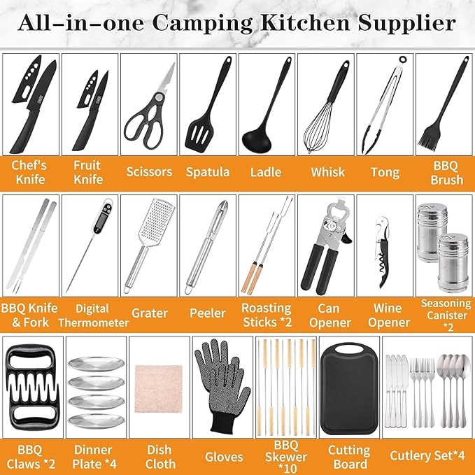 Camping Essentials Cookware Cooking Utensils Set - Portable Camp Kitchen Mess Kit Outdoor Accessories, Stainless Steel & Silicone, Camping Gear Equipment for RV Picnic Grill, Black Pro