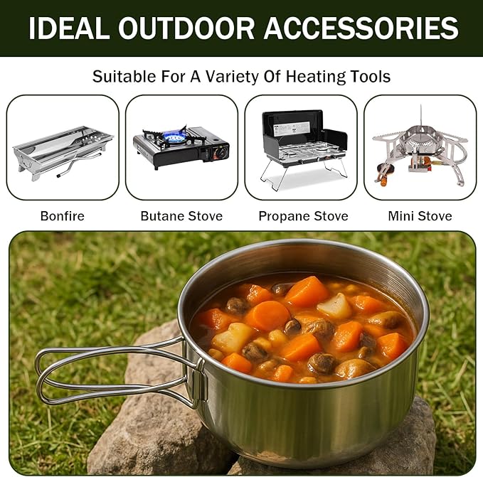 JJUNW 14Pcs Stainless Steel Camping Cookware Set, Lightweight Compact Camping Pots Pans Set with Cups Plates Forks Knives Spoons for Backpacking Camping-Cooking Hiking and Picnic