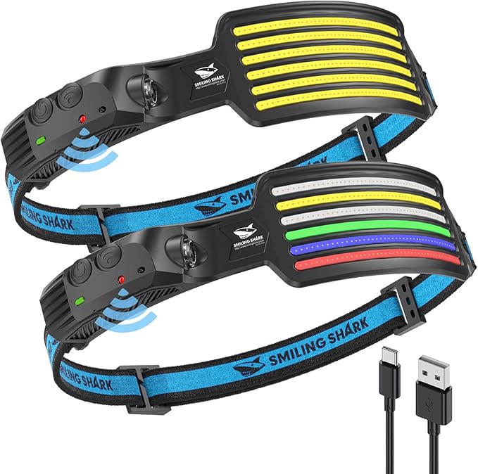 Smiling Shark Rechargeable Headlamp, 2 Pack 230°Wide Angle 5*Colors Light LED Head Lamp Waterproof Headlight for Camping Fishing Hiking Outdoor, Head-Lamp-LED-Frontale-Rechargeable