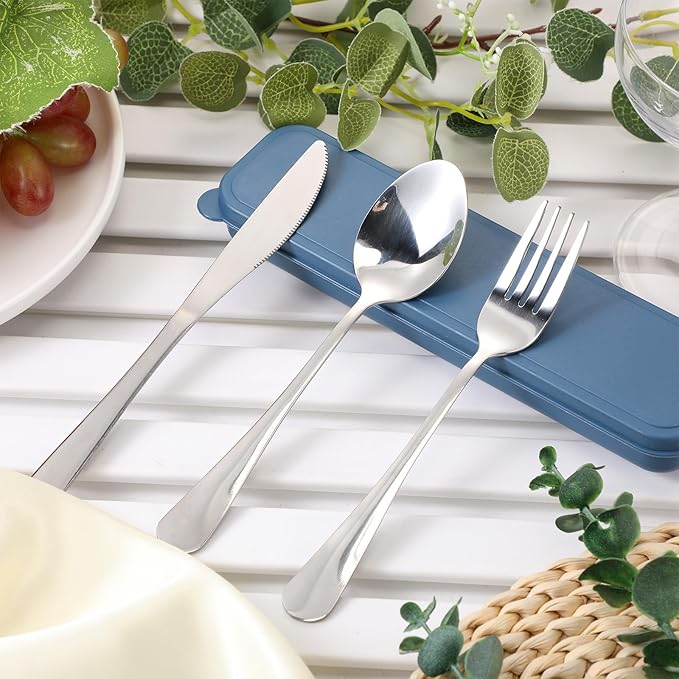 Yinkin 4 Pack Portable Travel Utensils Set with Case Reusable Stainless Steel Silverware Flatware Camping Cutlery Include Fork Spoon Knife for Work School Dishwasher Safe(Blue Color Series)