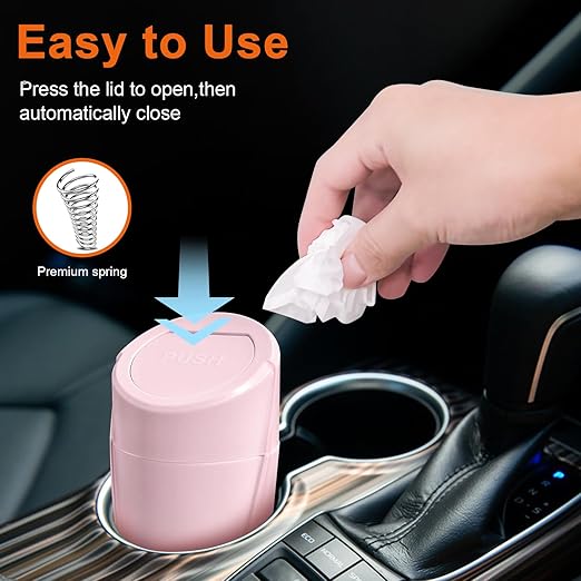 Car Trash Can, Mini Car Trash Bin with Lid, Leakproof Cup Holder Car Garbage Can with 20 Trash Bags, Vehicle Front Back Seat Organizers and Storage for Car, Home, Office, Pink