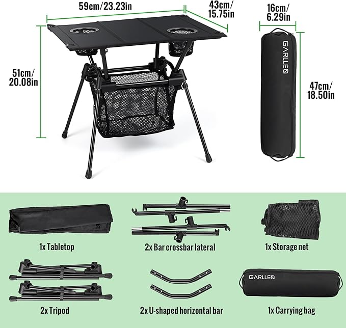 GARLLEN Folding Camping Table, Ultralight Compact Beach Table with Fabric Tabletop, Portable Folding Picnic Table with Cup Holder & Storage Net for Sand, Camping, Outdoor, 23.2“L x 15.7”W