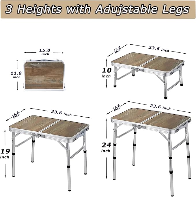 YihuiKo Small Folding Table, 3 Adjustable Heights Picnic Table, Outdoor Folding Table with Storage Mesh Layer, Portable Table for BBQ, Patio, and Indoor