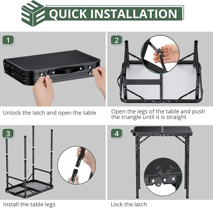 EYPINS Folding Camping Table Portable - Pure Black Aluminum 22.8x15.7'',3 Height Adjustable Small Outdoor Folding Table,Waterproof Lightweight Table with Carry Handle for Picnic,Cooking,BBQ,Beach