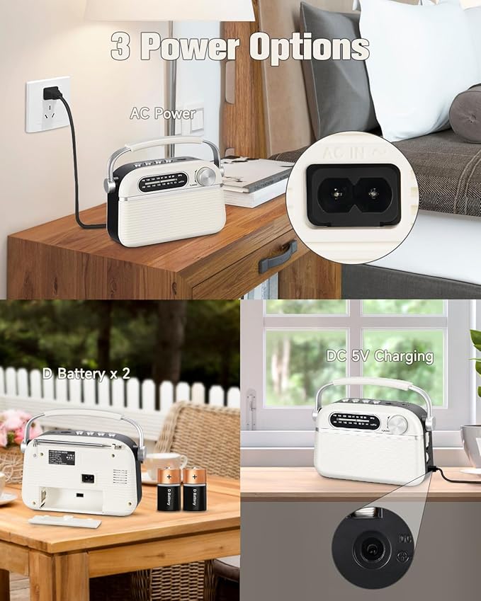 PRUNUS J-130 Radio Portable AM FM, for Dad and Mom, AC Power,Battery Operated/Rechargeable Radio for Emergency Use, Vintage Radios with Bluetooth for Outdoor/Home/Gift