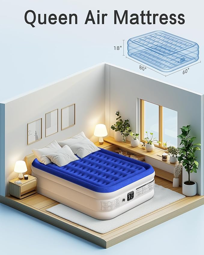 Xsleep Queen Air Mattress with Built in Pump 18"Raised Inflatable Mattress Queen Airbed Blow Up Mattress Luxurious Comfort for Home and Guests 80"*60"*18"Air Bed 3 Mins Fast Inflate/Deflate 660lbs Max