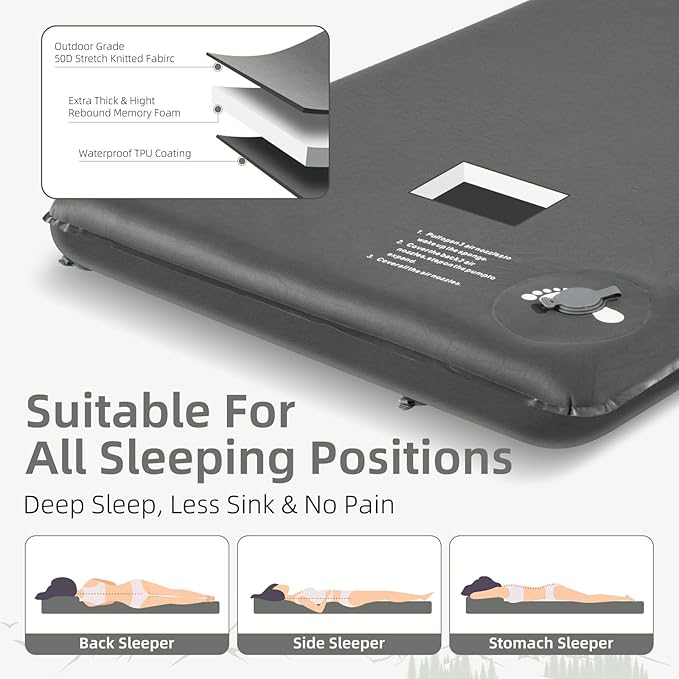 Wevelel Memory Sleeping Pad, 3.1" Ultra-Thick Foam Sleeping Mats for Camping, Easy Inflate&Deflate,9.5 R-Value Insulated Camping Mattress Pad with Pillow, for Car Travel Tent