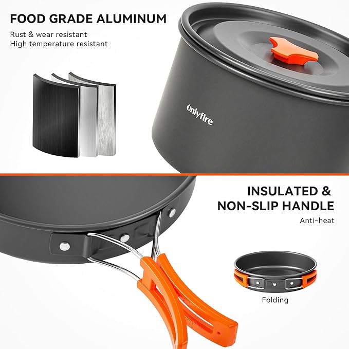 ONLYFIRE OUTDOOR LIVING15pcs Camping Cookware Set, Lightweight Nonstick Pots, Pan, Kettle, Utensils, Bowls, and Cleaning Tool with Mesh Bag for Camping Hiking Backpacking RV Tailgating Cooking, CT605