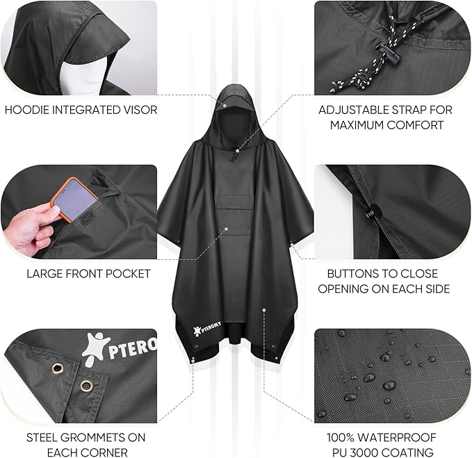 PTEROMY 3-in-1 Hooded Rain Poncho for Adult with Pocket, Waterproof Lightweight Unisex Raincoat for Hiking Camping Emergency