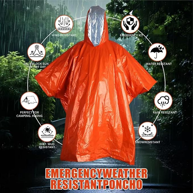 4-Pack Emergency Poncho Orange/Reflective Silver, Reversible Hood Windproof Rainwear with Thermal Mylar Heat Retention, Camping Kits Road Emergencies Storms & Hiking Essential (47” x 39”)