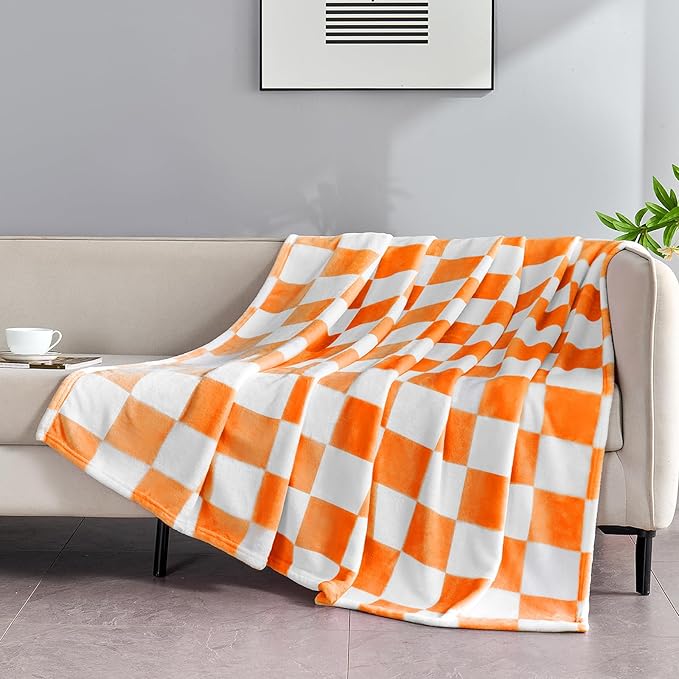 Edenleaf Orange Checkered Blanket, Soft Cozy Fleece Checkered Throw Blankets for Bed Sofa Couch Camping, Ultra Fluffy Throws for All Seasons, 60x80 Inch, Orange