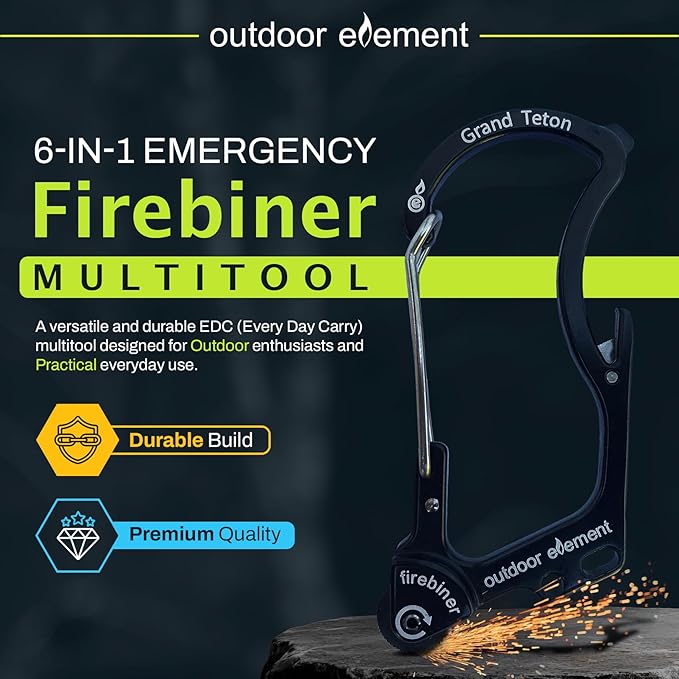 OUTDOOR ELEMENT Firebiner Custom Engraved 6-in-1 Fire Starter Carabiner Multitool – Survival Gear EDC Keychain with Utility Blade, Bottle Opener, Screwdriver, Emergency Tool