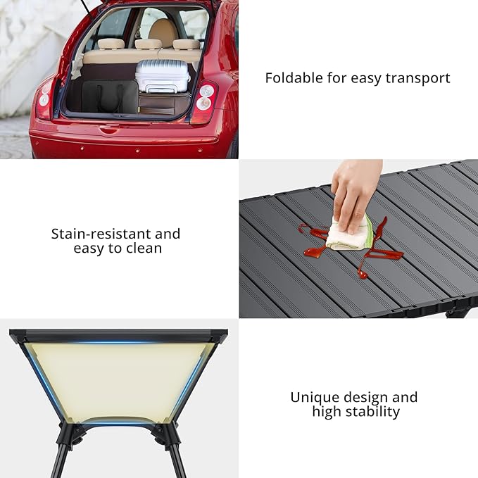 Anbte 3ft Roll Up Camping Table Max 27.5", 4 Adjustable Heights Aluminum Camping Table Foldable Waterproof with Carrying Bag, Lightweight, for Garden Picnic Outdoor Travel Beach, 35” X 16”, Black