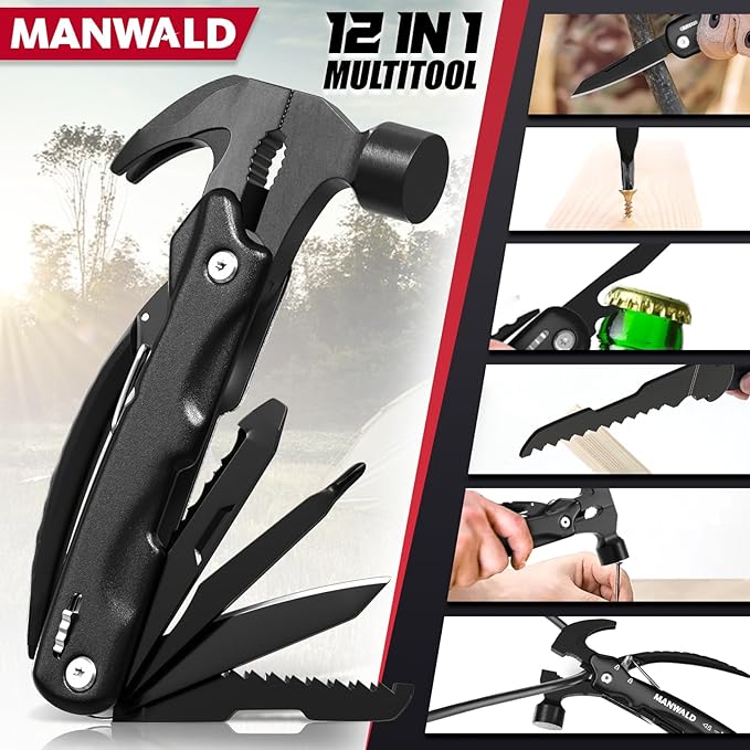 12 in 1 Multitool Hammer, Gifts for Dad, Camping Accessories Survival Gear, Cool Gadgets Gifts for Men, Husband, Boyfriends, Birthday Gifts for Women, Him