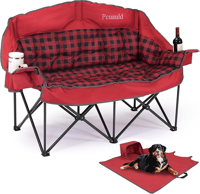 Double Camping Chair Padded Loveseat Camp Couch for Adults, Oversized 2 Person Love Seat with 2 in 1 Carry Bag, Heavy Duty Folding Outdoor Sofa with Cup Holders for Lawn Beach Tailgating, Red