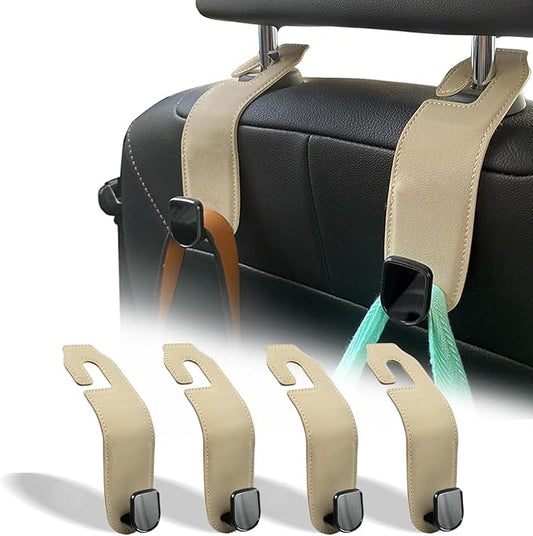 Car Seat Headrest Hook, 4 Pack Leather Car Purses and Bags Hooks Holder Hanger for Groceries Organization Accessories, Tan
