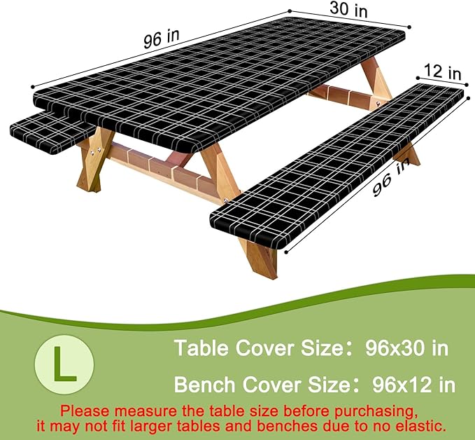 Picnic Table Cover with Bench Covers Portable Table Cloth Built-in Storage Pocket Fitted Tablecloth with Elastic Edges Waterproof Camping Essentials for Indoor Outdoor Rv,96in,Black