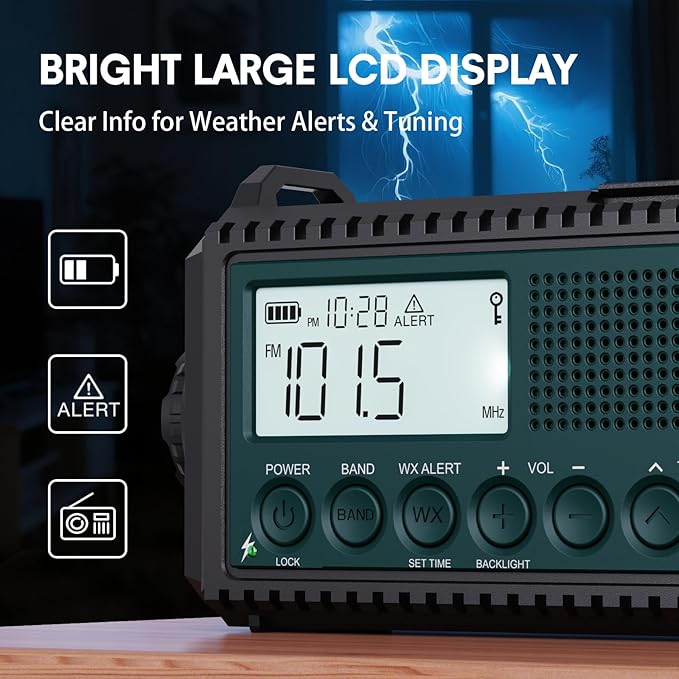 NOAA Emergency Weather Radio with Auto Alerts, 5000mAh Solar Hand Crank AM/FM/SW Shortwave Radio with Flashlight, Reading Lamp, Phone Charger, SOS Alarm, Survival Gear, Time Clock & Large LCD Display