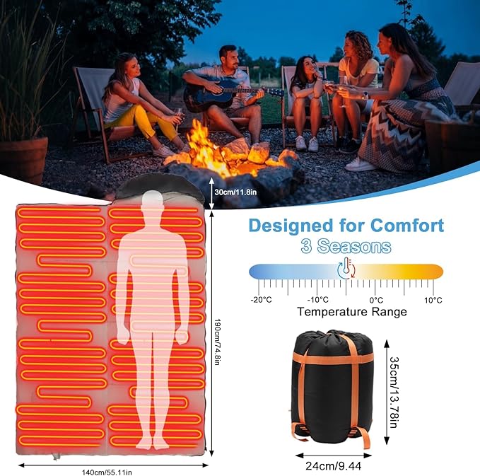 Longzhuo Heated Sleeping Bags for Adults Kids - Portable USB Power Warm Sleeping Bag for Camping with 4 Heating Zones, Cold Weather Sleeping Bag for All Season Camping Hiking Backpacking