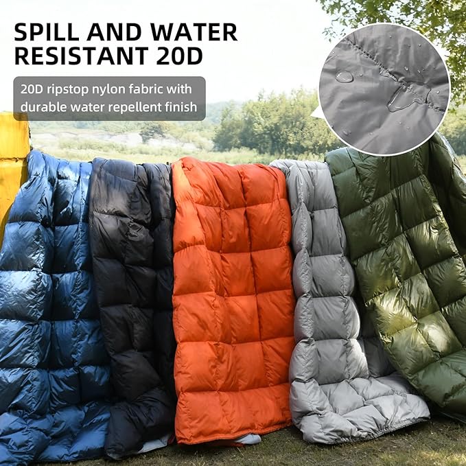 Down Camping Blanket - Lightweight, Packable, Warm & Puffy Outdoor Travel Quilt for Sleep, Hiking, Backpacking, Stadium, Festivals, Water-Resistant Sleeping Bag 55"x79"
