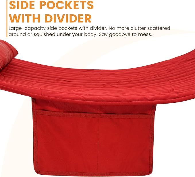 Lazy Daze Hammocks 2 Person Double Quilted Fabric Hammock with Spreader Bar, Detachable Pillow, Side Pocket, Carabiners, Chains, Straps for Outdoor, 450lbs Capacity, Burgundy