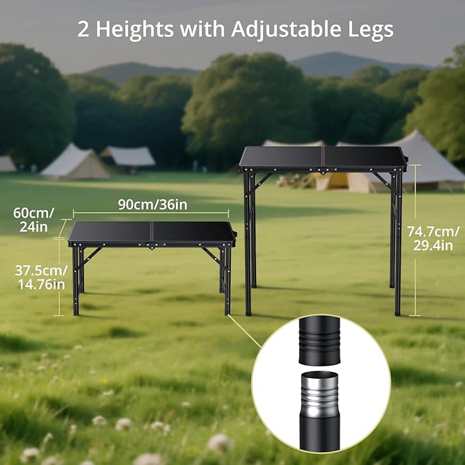Anbte 3ft Camping Table Foldable with Storage Net, 3 Heights Max 29.5" Aluminum Camping Table with Portable Handle, Lightweight, for Travel Outdoor Beach Picnic Patio Indoor, 36" x 24", Pure Black