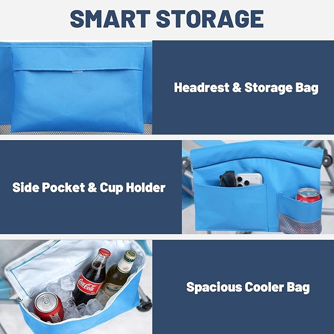 Youtanic High Back Beach Camping Chair 2 Pack, Extra Wide Folding Outdoor Chair with Cooler Bag, Breathable Mesh & Dual-Use Pillow, Portable Lounge Seat for Adults, Sand, Sports, Picnic, Blue