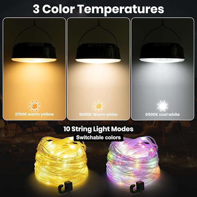 Solar Camping String Lights, 32.8 FT String Light with 13 Modes, 4 in 1 Waterproof Camp Lamp, Solar/Type-C Powered, Hanging Rechargeable Tent Lantern for Camping, Patio & Party (White)