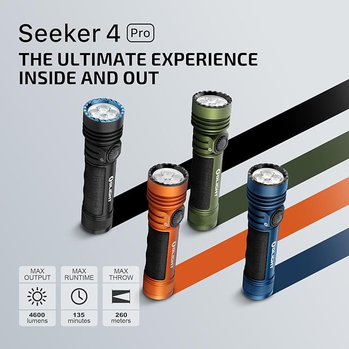 OLIGHT Seeker 4 Pro Rechargeable Flashlights, 4600 Lumens High Powerful Bright Light with USB C Holster, Waterproof IPX8 for Emergencies, Camping, Searching (Orange Cool White)