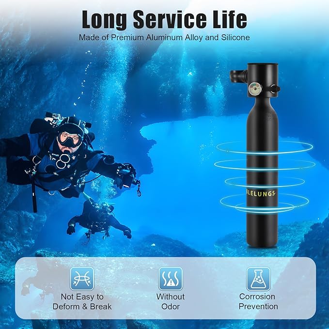 Mini Scuba Tank, 0.9Qt Portable Oxygen Tank with Carrying Strap for 15-20 Mins Underwater, 3000PSI Breath Lung Tank Portable Diving Gear for Diving, Emergency Rescue, Underwater Exploration