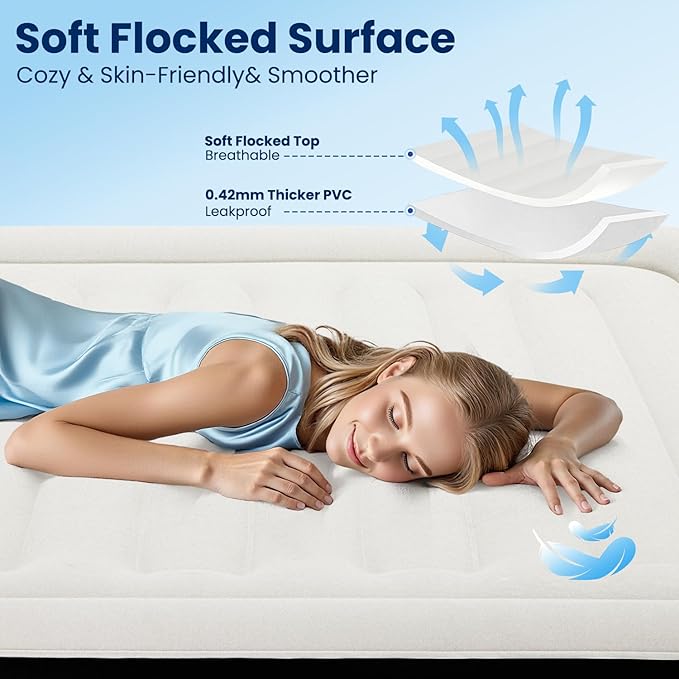 CHERIMOR Air Mattress Queen with Built in Pump, Inflatable Blow Up Mattress 18" Raised, Multi-Layer Leakproof, Heavy-Duty Support 800 lbs, Air Bed Queen Size for Home Guests Camping, 3-Min Inflation