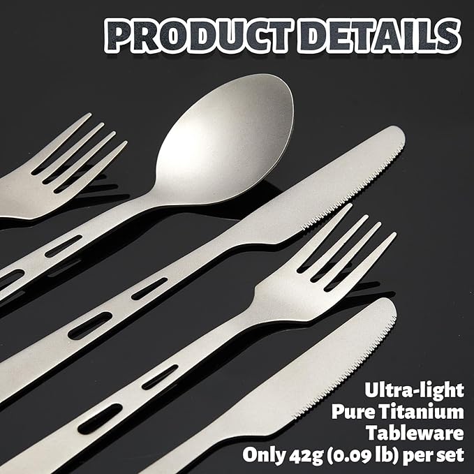 6 Pcs Pure Titanium Fork Spoon Knife Camping Utensils Set Portable Titanium Cutlery, Lightweight Travel Tableware Utensil Set with Carrying Bag for Outdoor Camping Backpacking Picnic Hiking