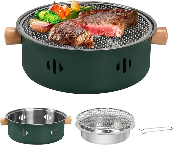 Portable Charcoal Barbecue Grill, 1pc Mini BBQ Grill Multifunctional Charcoal Grill Round Tabletop Charcoal Grill for Outdoor Cooking Home Party Picnic Camping (Green)