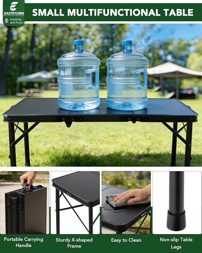 E EASTSTORM 3ft Folding Camping Table, Folding Table with 3 Adjustable Height, Portable Table with Handle, for Outdoor, Backyard, BBQ, Picnic, Cooking, RV, fits 2–4 People, Black