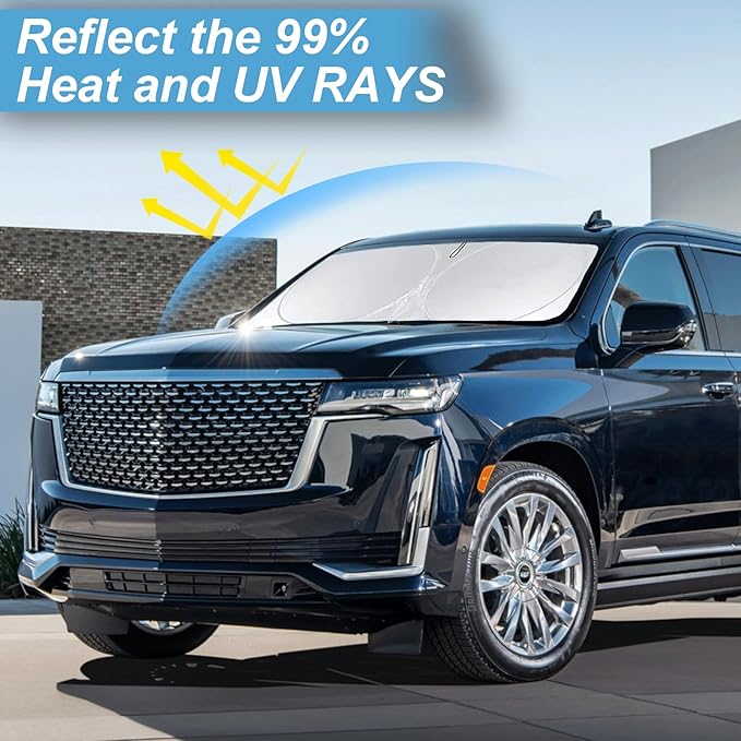 Custom Fit Escalade Windshield Sunshade for Cadillac Escalade Accessories 2021-2023 2024 2025 2026 Front Window Shades Cover for Windshield Sun Visor Screen Protector 210T Reflective Blocks UV Rays