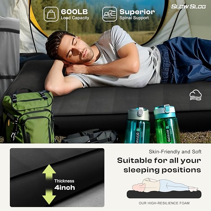 Self-Inflating Sleeping Pad with Portable Electric Air Pump, 4in Thick Memory Foam Camping Mattress for Tent Cot & Car Travel, Fast Inflate & Deflate Camping Pad, Black